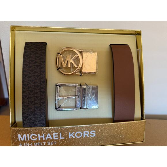 Michael Kors 4 in 1 Faux Leather Belt Set Brown Gold Silver - Picture 4 of 8